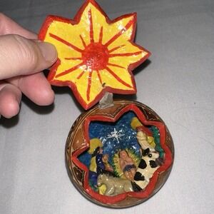Christmas Nativity Scene Carved Gourd Folk Art Hand Painted Peru Or Mexico